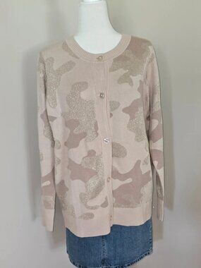 Denim & Co NWT natural camo knit cardigan sweater gold metallic sparkle